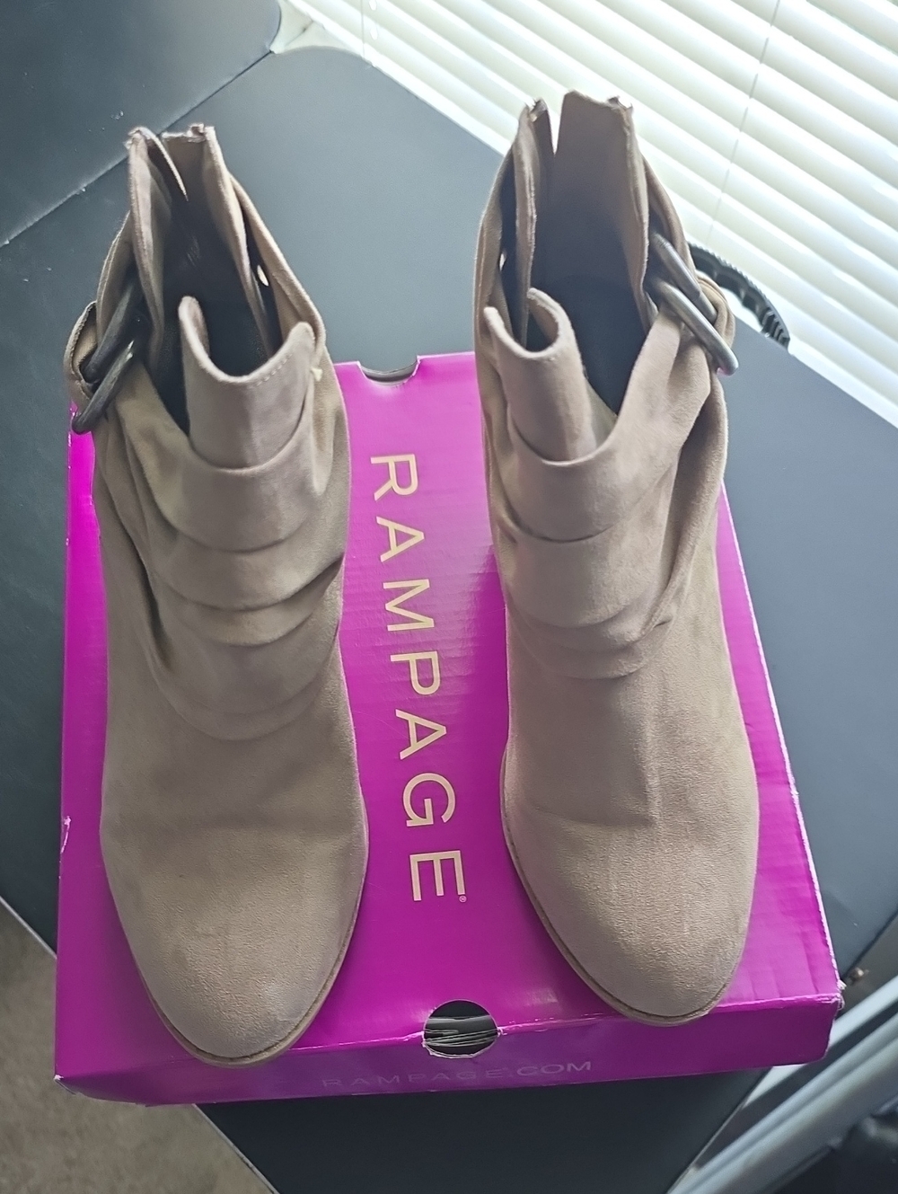 Rampage Taupe Folded Suede Ankle Booties with Buckle